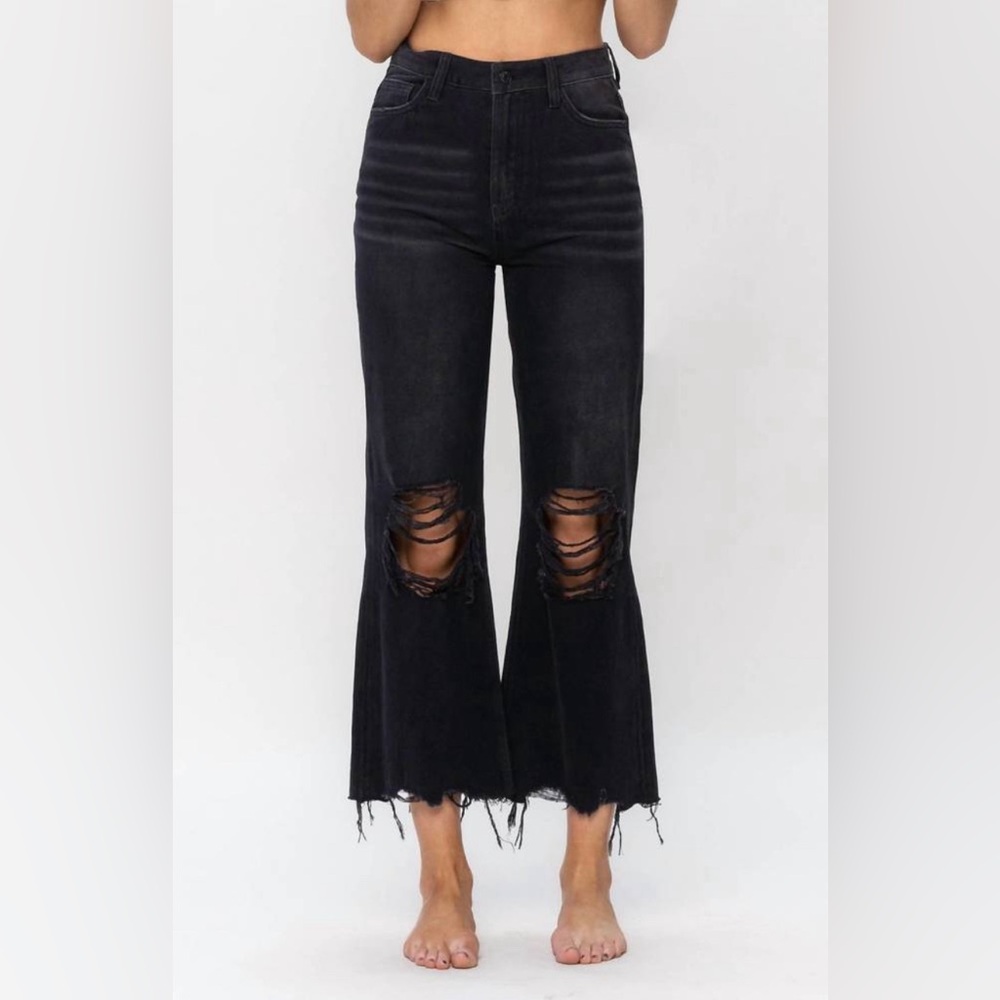 NEW Black 90s High Waist Distressed Jeans Cropped Wide Leg Fray Hem VERVET